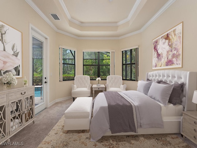 carpeted bedroom with a raised ceiling, ornamental molding, and access to exterior