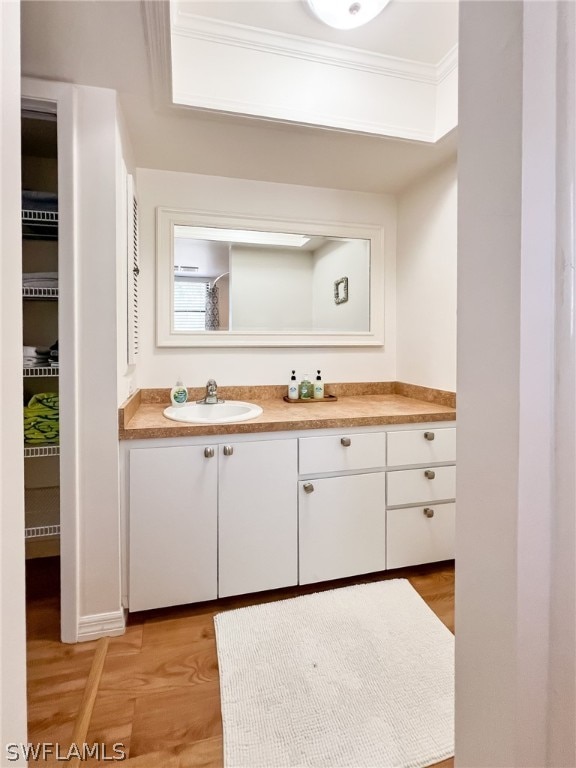 bathroom with hardwood / wood-style flooring, ornamental molding, vanity, and a raised ceiling