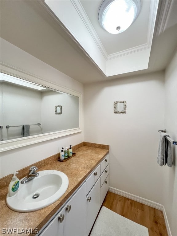 bathroom featuring a raised ceiling, oversized vanity, crown molding, and hardwood / wood-style flooring