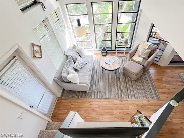 living room with wood-type flooring, a wealth of natural light, and a towering ceiling