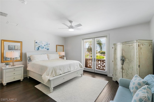 bedroom with dark hardwood / wood-style flooring, ceiling fan, french doors, and access to exterior