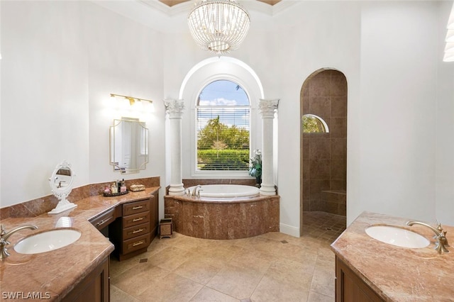 bathroom featuring ornamental molding, vanity, and tile flooring