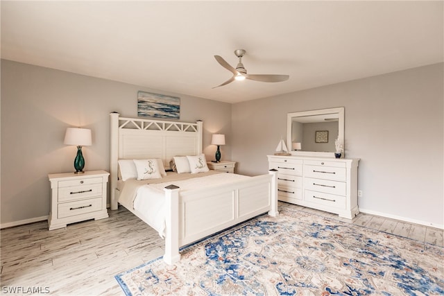 bedroom with ceiling fan and light wood-type flooring