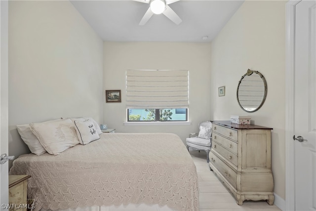 bedroom featuring ceiling fan and light wood-type flooring