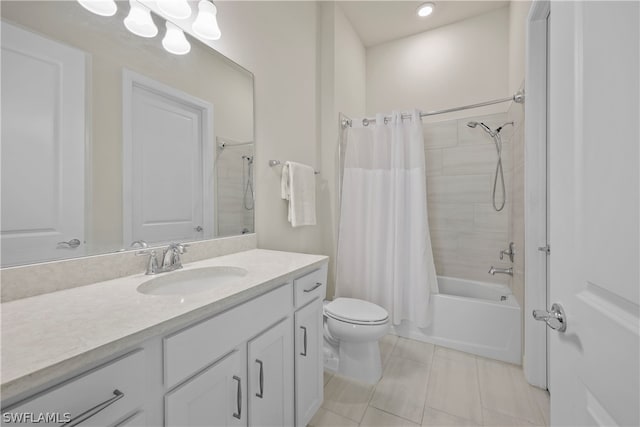 full bathroom with shower / tub combo with curtain, vanity, toilet, and tile flooring