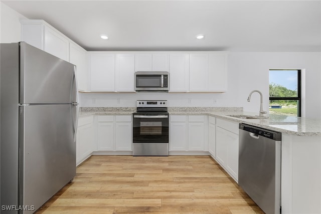 kitchen with a peninsula, a sink, white cabinets, appliances with stainless steel finishes, and light wood-type flooring