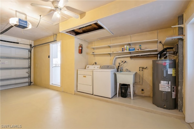 garage featuring washer and clothes dryer, water heater, ceiling fan, and a garage door opener