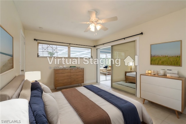 bedroom featuring ceiling fan and light tile floors