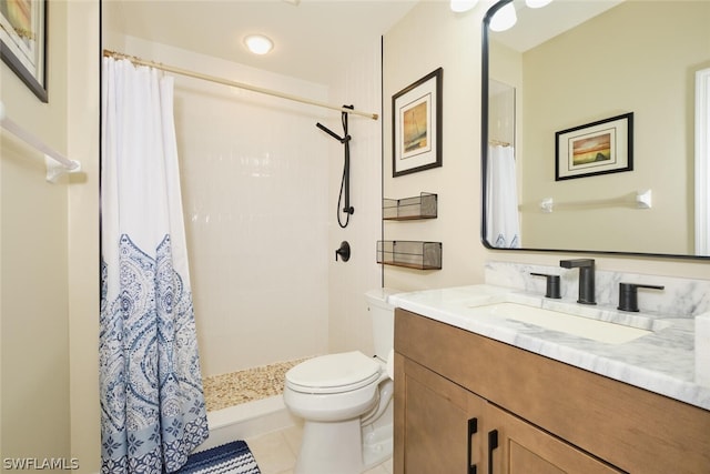 bathroom featuring toilet, tile flooring, vanity, and a shower with curtain