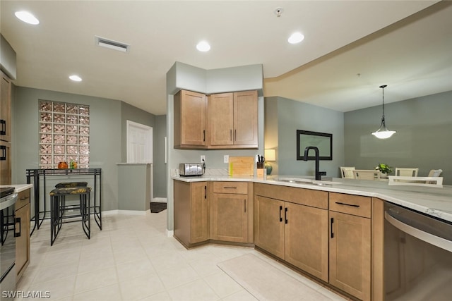 kitchen with dishwasher, stove, sink, pendant lighting, and light tile floors