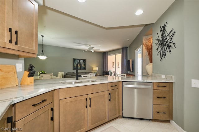 kitchen with ceiling fan, dishwasher, sink, pendant lighting, and light tile floors