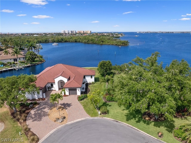 birds eye view of property with a water view