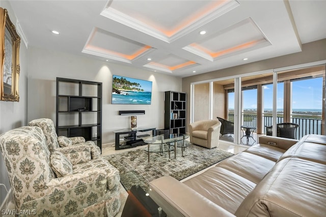 living room featuring crown molding and coffered ceiling