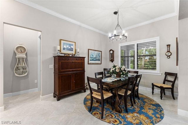 dining area featuring a chandelier and ornamental molding