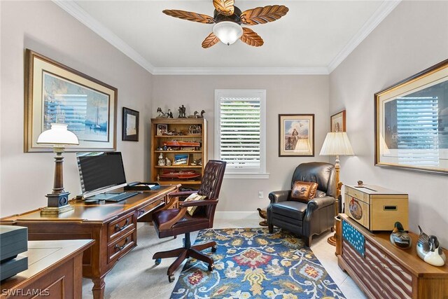 home office with ceiling fan, ornamental molding, and light tile patterned flooring