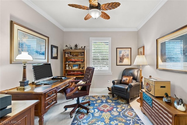 office area featuring ceiling fan and crown molding