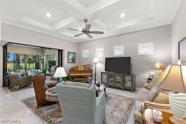 tiled living room with beamed ceiling, ornamental molding, ceiling fan, and coffered ceiling