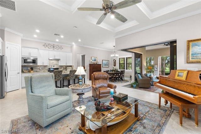 tiled living room featuring beamed ceiling, ornamental molding, ceiling fan with notable chandelier, and coffered ceiling