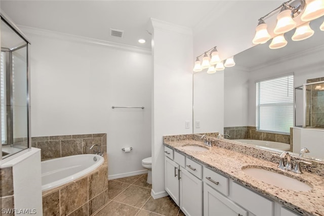 full bathroom featuring tile floors, ornamental molding, double sink vanity, toilet, and independent shower and bath