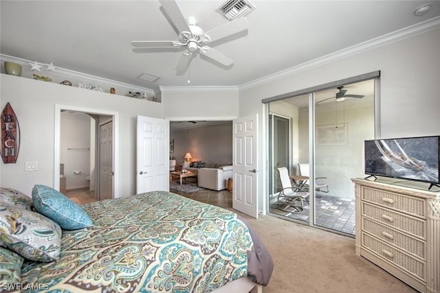 bedroom featuring carpet, a closet, crown molding, access to exterior, and ceiling fan