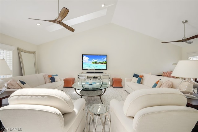 living room featuring lofted ceiling and ceiling fan