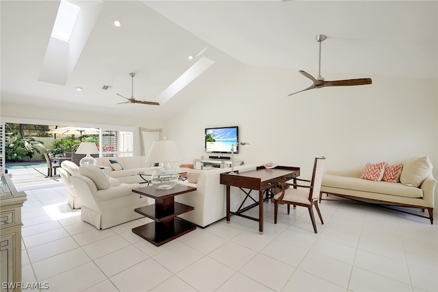 living room featuring a skylight, high vaulted ceiling, ceiling fan, and light tile floors