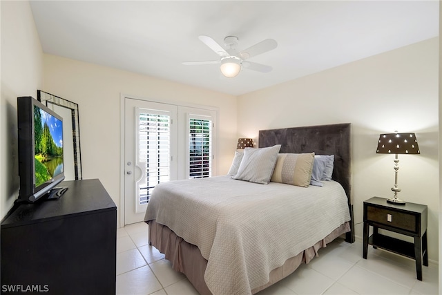 bedroom with access to outside, ceiling fan, and light tile floors