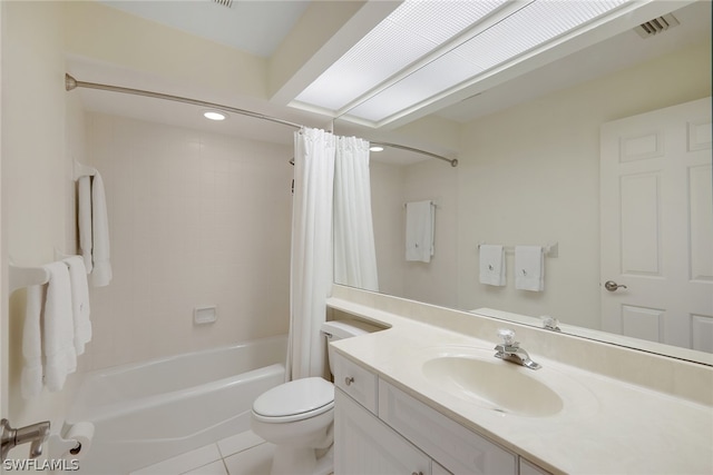 full bathroom with shower / bath combo, toilet, tile floors, and vanity