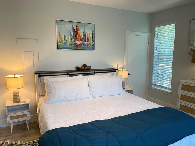 bedroom featuring multiple windows and hardwood / wood-style flooring