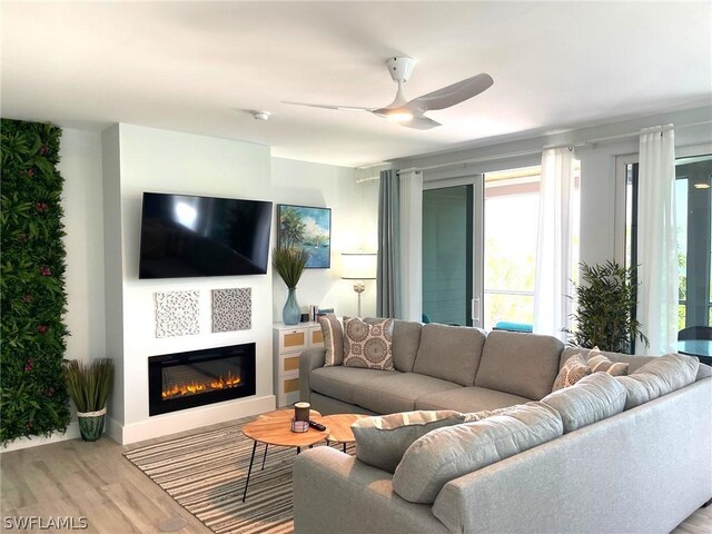 living room with ceiling fan and hardwood / wood-style floors