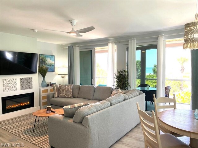 living room featuring light hardwood / wood-style floors and ceiling fan