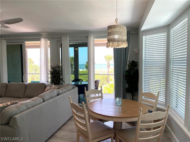 dining room with light hardwood / wood-style flooring and an inviting chandelier