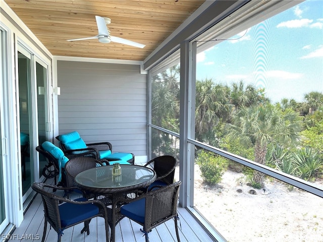 sunroom with wood ceiling and ceiling fan