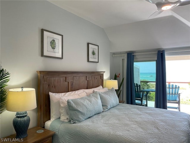 bedroom featuring ceiling fan, access to exterior, and lofted ceiling