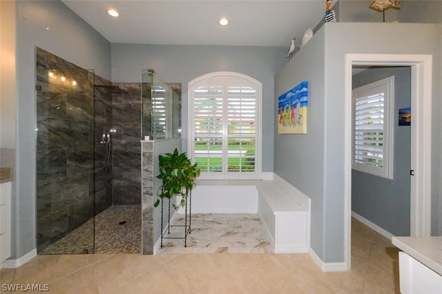 bathroom with a healthy amount of sunlight, vanity, and a tile shower