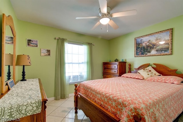 bedroom with ceiling fan and tile flooring