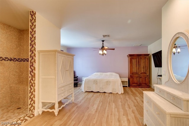 bedroom featuring light hardwood / wood-style flooring and ceiling fan