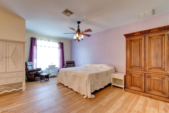 bedroom featuring ceiling fan and light wood-type flooring