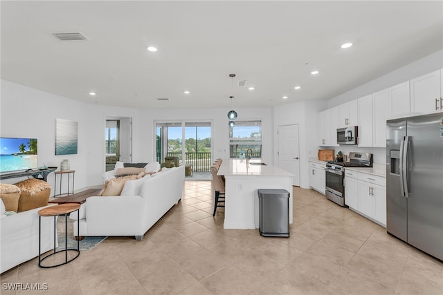 kitchen featuring open floor plan, a sink, white cabinets, and stainless steel appliances