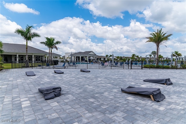 surrounding community featuring fence, a swimming pool, and a residential view