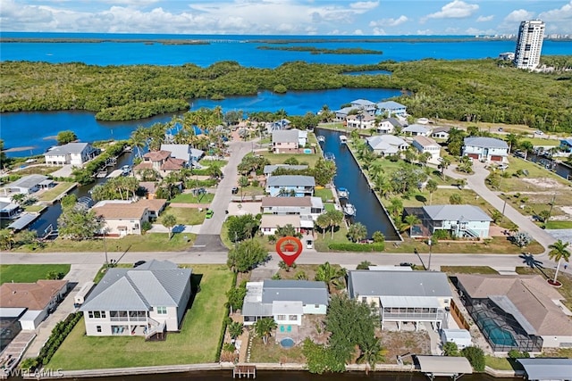 drone / aerial view featuring a water view