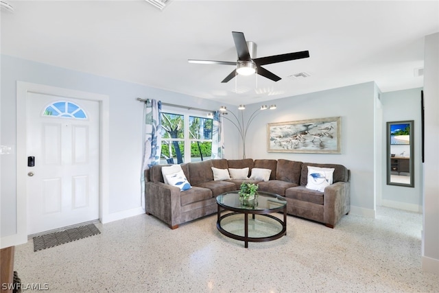 living room with ceiling fan