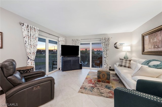 living room with light tile flooring