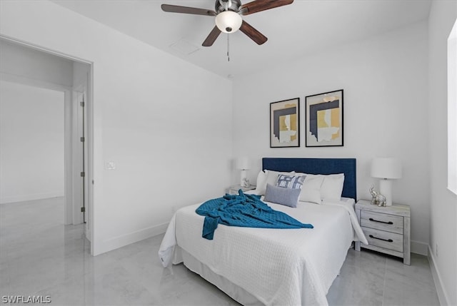 bedroom featuring ceiling fan and light tile floors