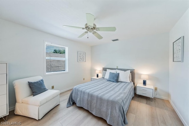 bedroom featuring ceiling fan and light hardwood / wood-style flooring