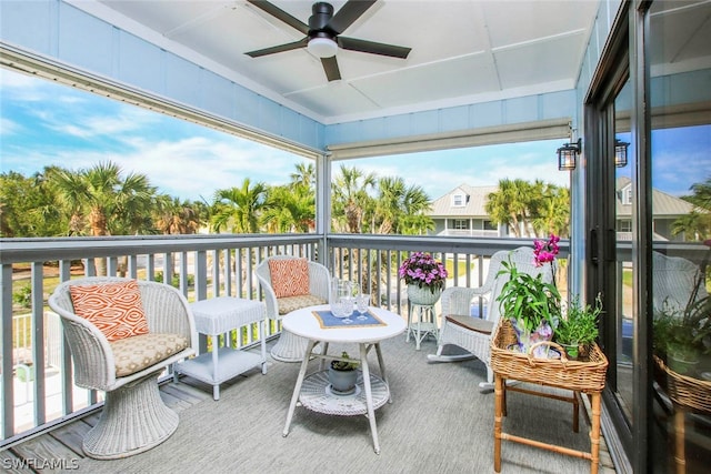 balcony featuring ceiling fan