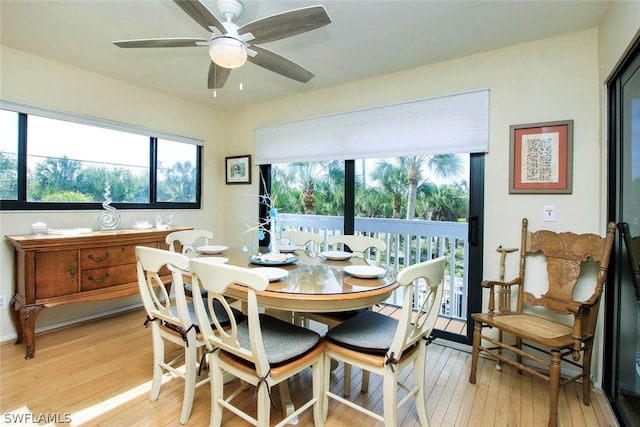 dining space with light hardwood / wood-style floors and ceiling fan