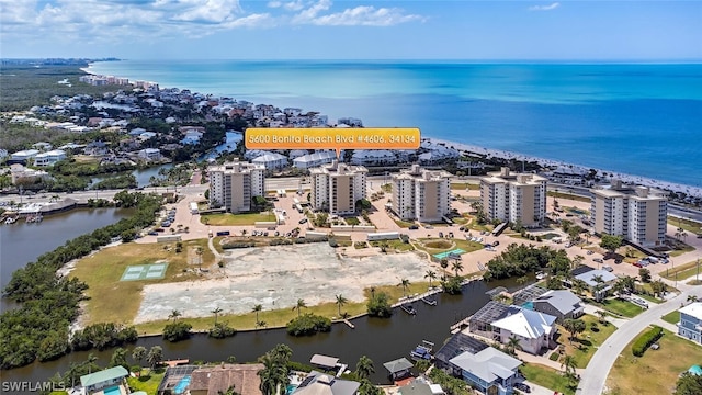 aerial view featuring a water view