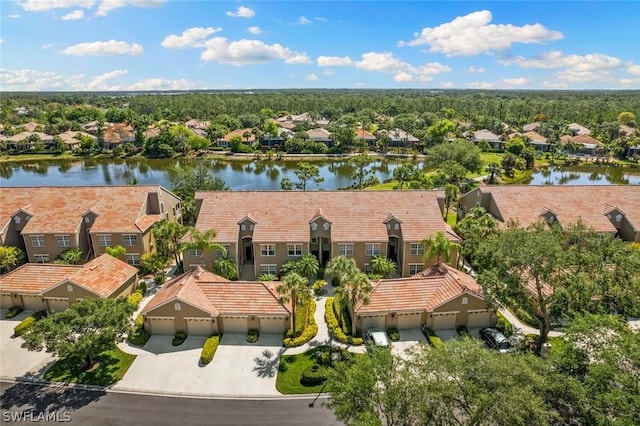 drone / aerial view featuring a water view