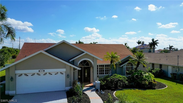 ranch-style house with a front yard and a garage